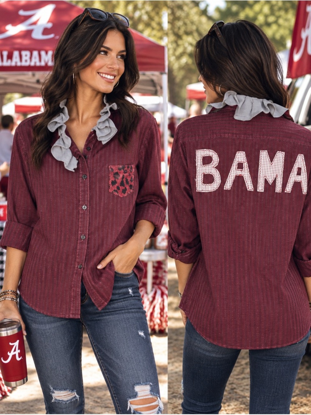 UpCycled Reworked Handmade Maroon Ruffle-Collar Button-Down Shirt with BAMA Back